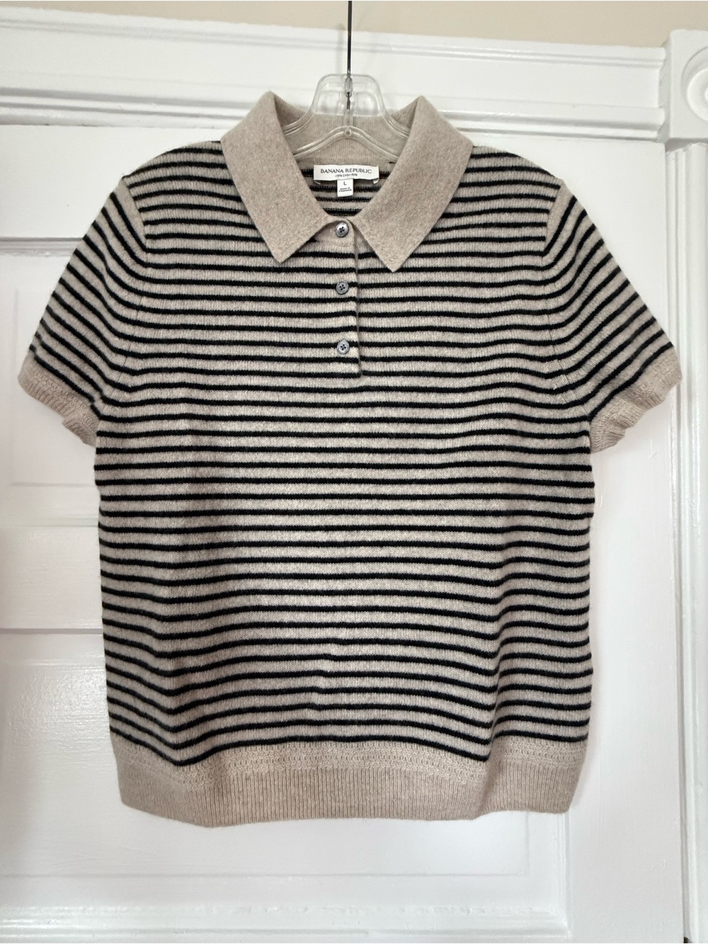 NWOT Banana Republic Women's Short Sleeve Striped Polo Sweater - Beige/Black